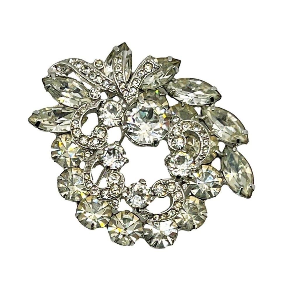 Eisenberg Ice Vintage Brooch Clear Rhinestone Silver Round & Pear Shaped